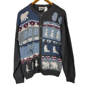 Northern Reflections Knit Cardigan Sweater XL Fair Isle Nordic Polar Bear Skater